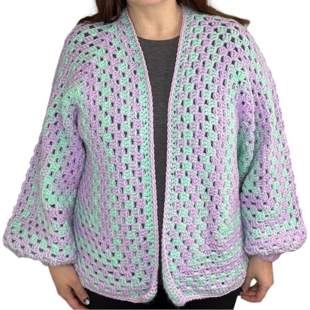 Handcrafted Crochet Cardigan Sweater Granny Stitch Wide Sleeve Lavender and Mint